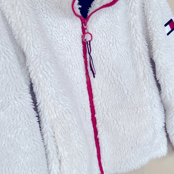 Tommy Hilfiger White Sherpa Zippered Teddy Jacket 90s Y2K Fuzzy Coat Preppy - Picture 5 of 13